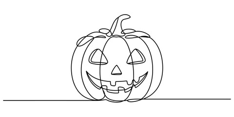 Continuous line drawing of a halloween pumpkin jack-o'-lantern with a carved smiling face, a spooky season holiday symbol artwork. Vector, illustration