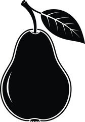 Black and White Pear Vector Illustration with Leaf and Stem, Isolated Graphic Silhouette of a Ripe Fruit, Simple Outline Clip Art for Healthy Food or Nutrition Concepts.