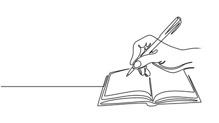 Self drawing animation of continuous one line drawing hand writing using a pen on a thick book, Wordsmith Day. Full length animated, Making prose. Romantic poems. Writing life stories. 4k video pro.