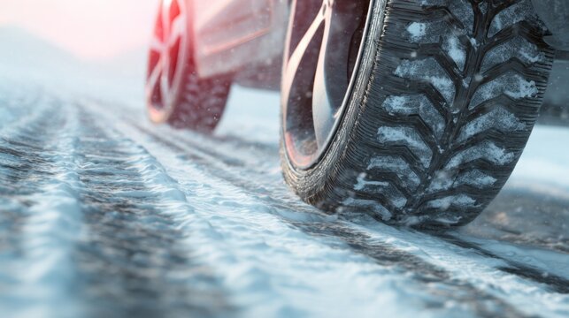 Close up of car tires gripping icy road, snow and ice details, winter environment, realistic textures
