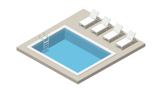 A crisp isometric view of a rectangular blue swimming pool featuring a metal ladder and a neat row of four white lounge chairs on a beige deck, evoking a clean and minimalist summer vibe