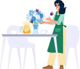 Woman florist arranging flowers in vase on table