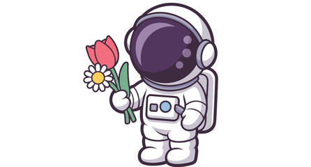 Cute Astronaut Holding Bouquet of Tulip and Daisy Flowers