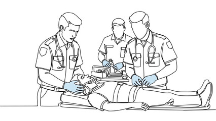 Black continuous line art of emergency medical workers stabilizing a patient with a neck brace after an accident