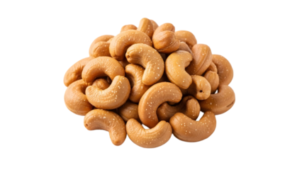 Pile of roasted cashews nut snack food isolated on transparent background