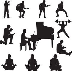 Diverse collection of common silhouette vehicles and essential transportation modes, showcasing cars, buses, trucks, motorcycles, and bicycles for mobility designs