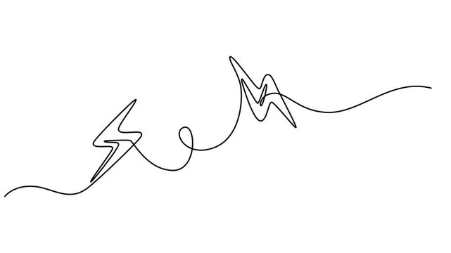Self drawing line animation Lightning Thunderbolt Electric continuous one single line drawn concept video,  Video. Lightning line continuous pattern. Power up electricity icon template concept. video.