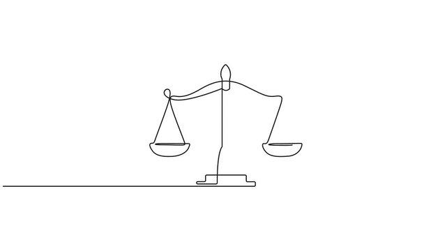 Self animated single line art drawing of the scales of justice, a symbol of fairness and impartiality in the legal system