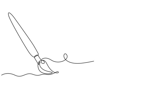 Self animated continuous one line drawing of paint brush. Full length single line art 4k animation, Animated self drawing of Paint brushes continuous one line drawing. white background vector. minimal