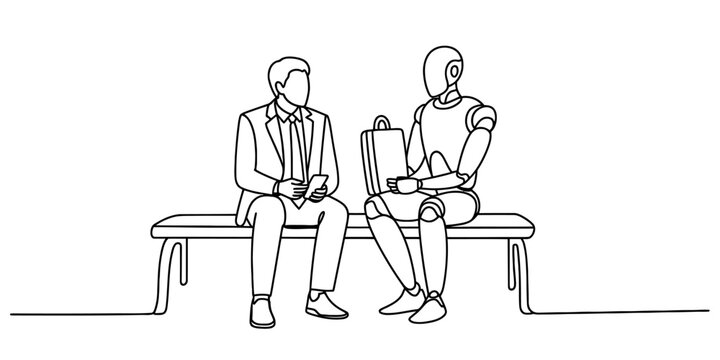 One continuous line drawing of a businessman and a robot sitting on a bench, representing human and ai collaboration, future of work. Vector, illustration
