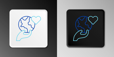 Line Human hand holding Earth globe icon isolated on grey background. Save earth concept. Colorful outline concept. Vector
