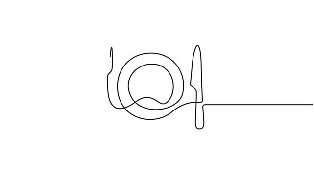 Plate, spoon and knife minimalist single line art animation. Kitchen utensils, Restaurant logo concept vector illustration.
