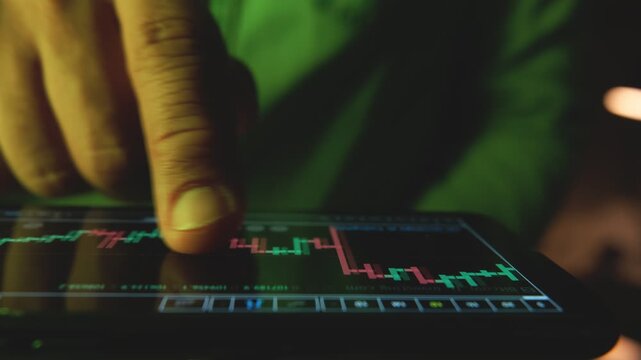 Close-up of a trader's hands scrolling through a financial candlestick chart on a screen