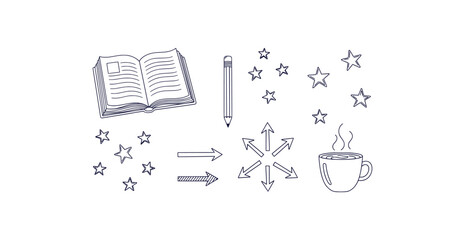 Charming hand drawn doodle collection for student planners featuring pencils books stars arrows and a coffee cup on a clean white background