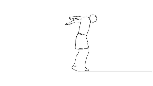 Self animated continuous one-line drawing of a male acrobat or athlete in an active pose, possibly walking on a tightrope or performing a stretching exercise