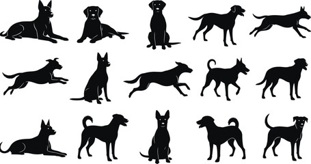 Dog Breeds Silhouette Vector Collection, Black Dogs in Different Poses, Running, Sitting, Lying, Standing, Pet Animal Graphic Icons Set, Editable Stock Illustration Content.