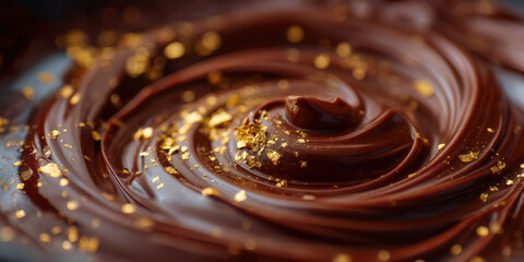 Luxurious melted chocolate swirl with gold flakes, glossy texture and rich detail