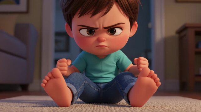 Animated child boy showing anger and frustration with clenched fists while sitting on the floor for a tantrum concept and stubborn emotional outburst