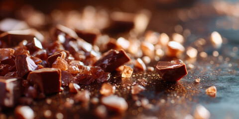 Chocolate crystal pieces close up, warm light and shallow depth of field