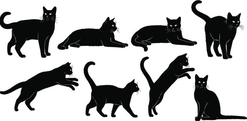 Elegant Black Cat Silhouettes Vector Collection, Isolated on White Background, Illustrating Various Standing, Laying, Leaping, and Sitting Feline Poses for 