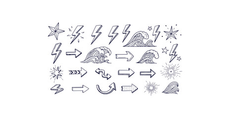Retro hand drawn doodle clipart featuring stars lightning waves arrows and spark bursts on white background