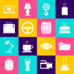 Set Test tube and flask, Folder, Cake with burning candles, Industrial hook, Steering wheel and Car battery icon. Vector