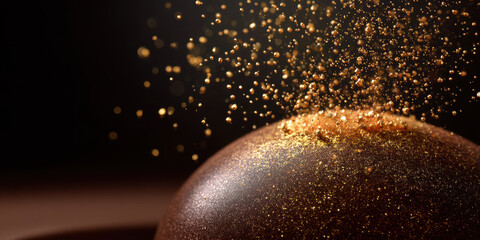 Golden glitter shimmer spray chocolate sphere macro shot bokeh