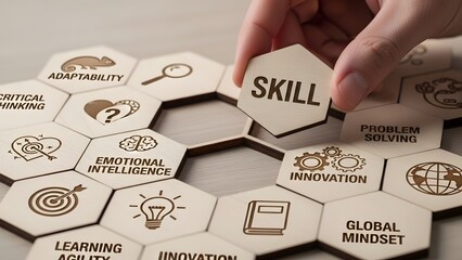 Hand adding "skill" hexagon to a puzzle of professional development and soft skills