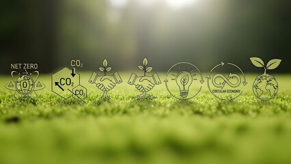 Global sustainable development icons on green grass, environmental concept