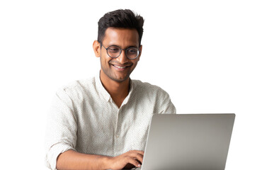 Smiling young professional working happily on a modern silver laptop computer Isolated on a transparent background