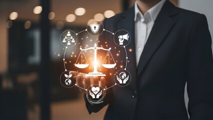 Business person holding scales of justice with ethical and legal responsibility icons.