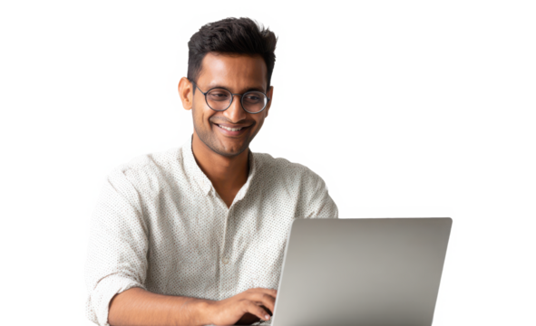 Smiling young professional working happily on a modern silver laptop computer Isolated on a transparent background - Powered by Adobe