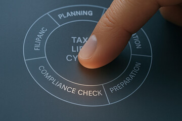 Finger pointing to "Compliance Check" in tax lifecycle diagram emphasizing regulation, reporting, and procedural audit in financial processes.