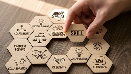 Hand placing "skill" hexagon among essential soft skills for success
