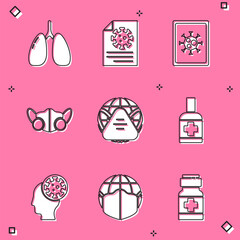 Set Lungs, Clipboard with blood test results, Virus statistics on monitor, Medical protective mask, Earth medical, Liquid antibacterial soap, Human and virus and icon. Vector