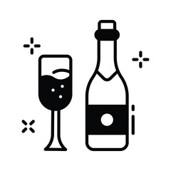 Festive wine bottle with glass for holiday toast, modern glyph icon
