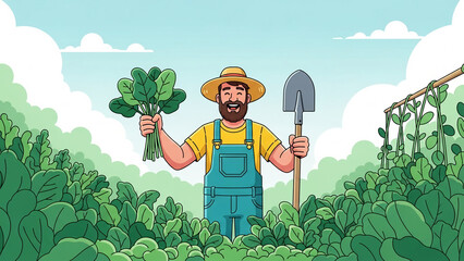 Happy farmer holding fresh organic greens and a shovel in a lush field representing sustainable agriculture and healthy food production