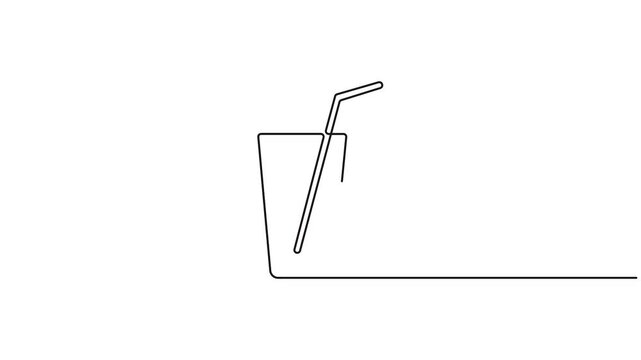 Self animated single-line drawing of a drinking glass with a straw