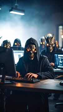 Grim figures in masks are sitting in front of computers, typing on the keyboards, coding in a dark smoky room, data breach