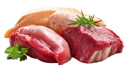 Stunning assortment of fresh raw protein cuts ready for gourmet cooking preparation Isolated on a transparent background