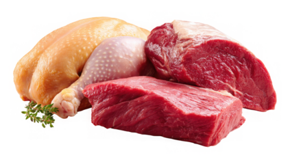 Fresh cuts of raw beef and whole poultry arranged beautifully for gourmet cooking inspiration Isolated on a transparent background