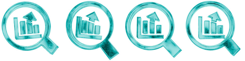 Set of four 3D analysis shapes in frosted blue ice glass style, isolated on a transparent background. Glassmorphism icons and 3D elements for modern graphic design.