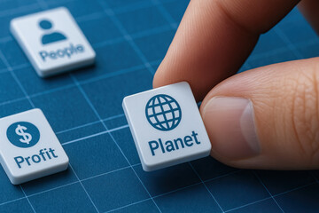 Hand selecting Planet icon on a grid of ESG tiles representing sustainability prioritization, eco-business decisions, and environmental values.