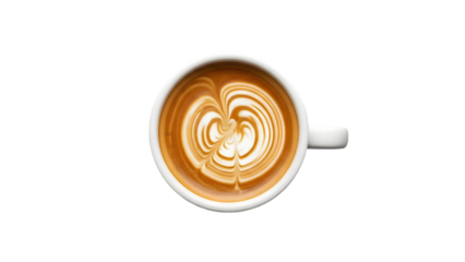Latte art coffee in white cup isolated on transparent background