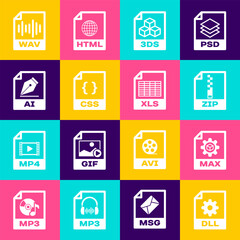 Set DLL file document, MAX, ZIP, 3DS, CSS and AI icon. Vector