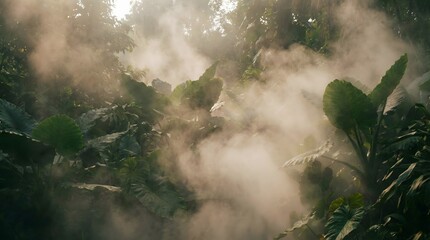 Atmospheric tropical jungle scene with dense green foliage and thick fog suitable for adventure travel themes mysterious nature backgrounds and ecological documentaries