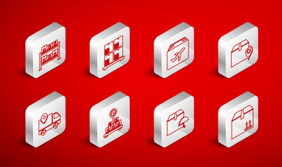 Set line Cardboard box with traffic, boxes on pallet, Plane and cardboard, Location, Delivery package umbrella, Warehouse, Scale and tracking icon. Vector