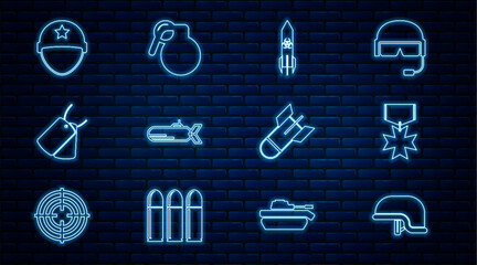 Naklejka premium Set line Military helmet, reward medal, Biohazard rocket, Submarine, dog tags, Aviation bomb and Hand grenade icon. Vector