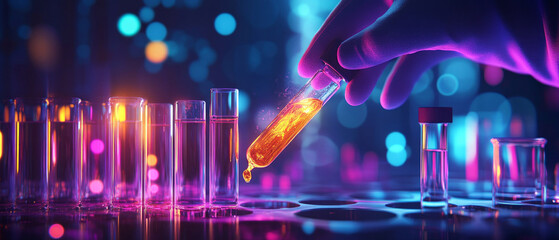 The glossy finish of laboratory test tubes filled with brightly coloured liquid emphasises scientific discoveries, making them ideal for atmospheric backgrounds in presentations on biotechnology  