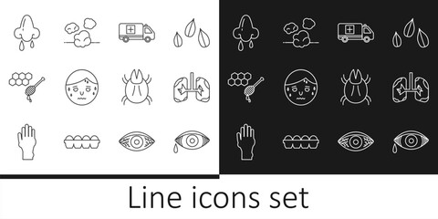 Set line Reddish eye allergic conjunctivitis, Lungs, Emergency car, Man with excessive sweating, Honeycomb honey dipper, Runny nose, Parasite mite and Dust icon. Vector